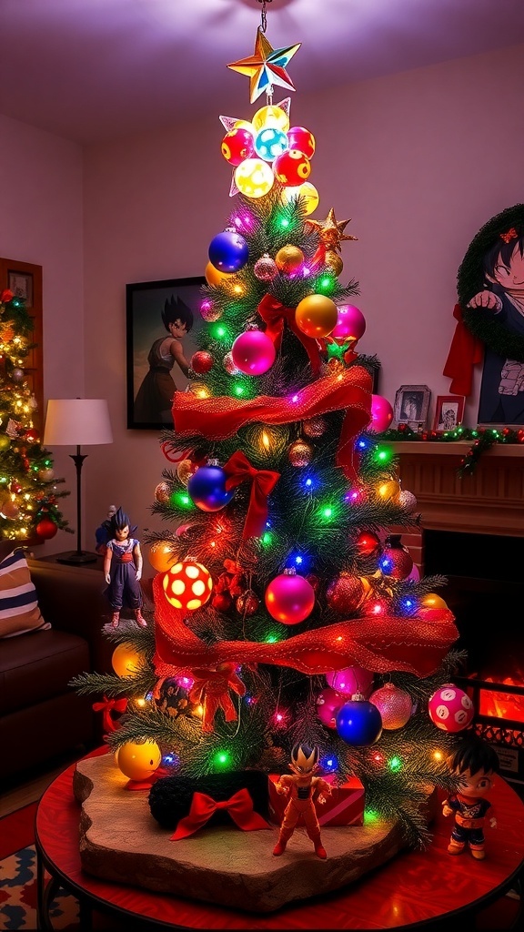 A Dragon Ball Z themed Christmas tree with colorful ornaments and action figures, set in a festive living room.